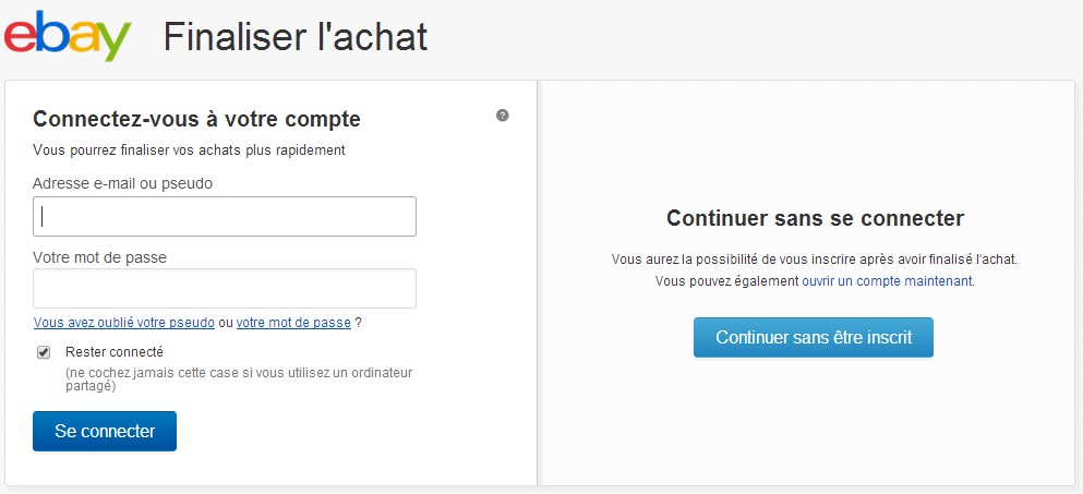 commande sans création de compte ebay